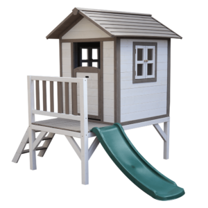 Drevený záhradný domček pre deti so šmykľavkou, sivá/biela, MAILEN